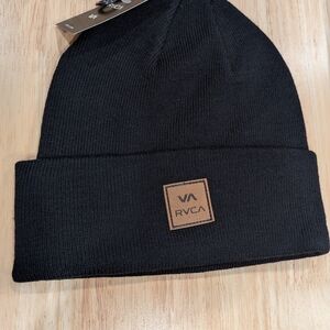 RVCA Black Knit Beanie with Tan Logo Patch